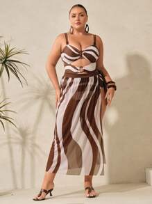 Swim Oasis Maiô feminino plus size de duas peças com cadarço, estampa digital posicionada, saia combinando, maiô de praia - Multicolorido - Ver 8