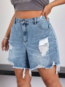 SHEIN ICON Plus Size Ripped Denim Shorts, Fashion Style Suitable For Summer - Blue - View 5