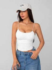 SHEIN EZwear Plus Size White Strap Cami Top With Cup Pad, College Student, Suitable For Spring And Summer - White - View 6