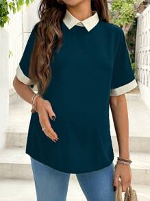 SHEIN Maternity Commuter Versatile Rib Trim Casual Top, Suitable For Summer - Dusty Blue - View 1