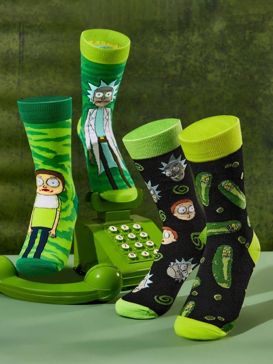 Rick and Morty X SHEIN 3 Pairs Of Green, Black, Cucumber Pattern Breathable & Soft Mid-Calf Socks, Reinforced Toe & Heel For Durability, Suitable For All Seasons, Unisex - Multicolor - View 1