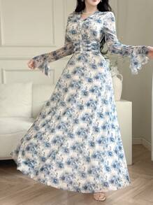 Feyla Women's Elegant Floral Print Waist Flared Sleeve Long Dress  Wedding Guest Dress Women   Airport Outfit For Women  Summer Outfits For Women  Concert Outfit Women   Tea Party Dress  Birthday Women Outfits  Back To School