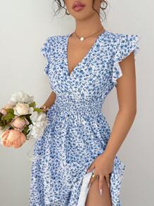Elenzga New Fashion Shirred Woven Micro Ditsy Floral Cap Sleeve Ruffle Hem Cinched Waist Vacation Style Dress For Women