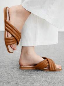 CUCCOO BIZCHIC 女士夏季新款交叉带方头平底百搭休闲通勤舒适棕色亚麻 PU 皮革凉鞋、平底鞋、沙滩拖鞋，适合工作场所、度假、海滩、夏威夷岛，百搭 - 棕色 - 查看 5