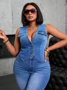 SHEIN SXY Plus Size Denim Jumper Strap Fashion Jacket, Suitable For Summer - Blue - View 1