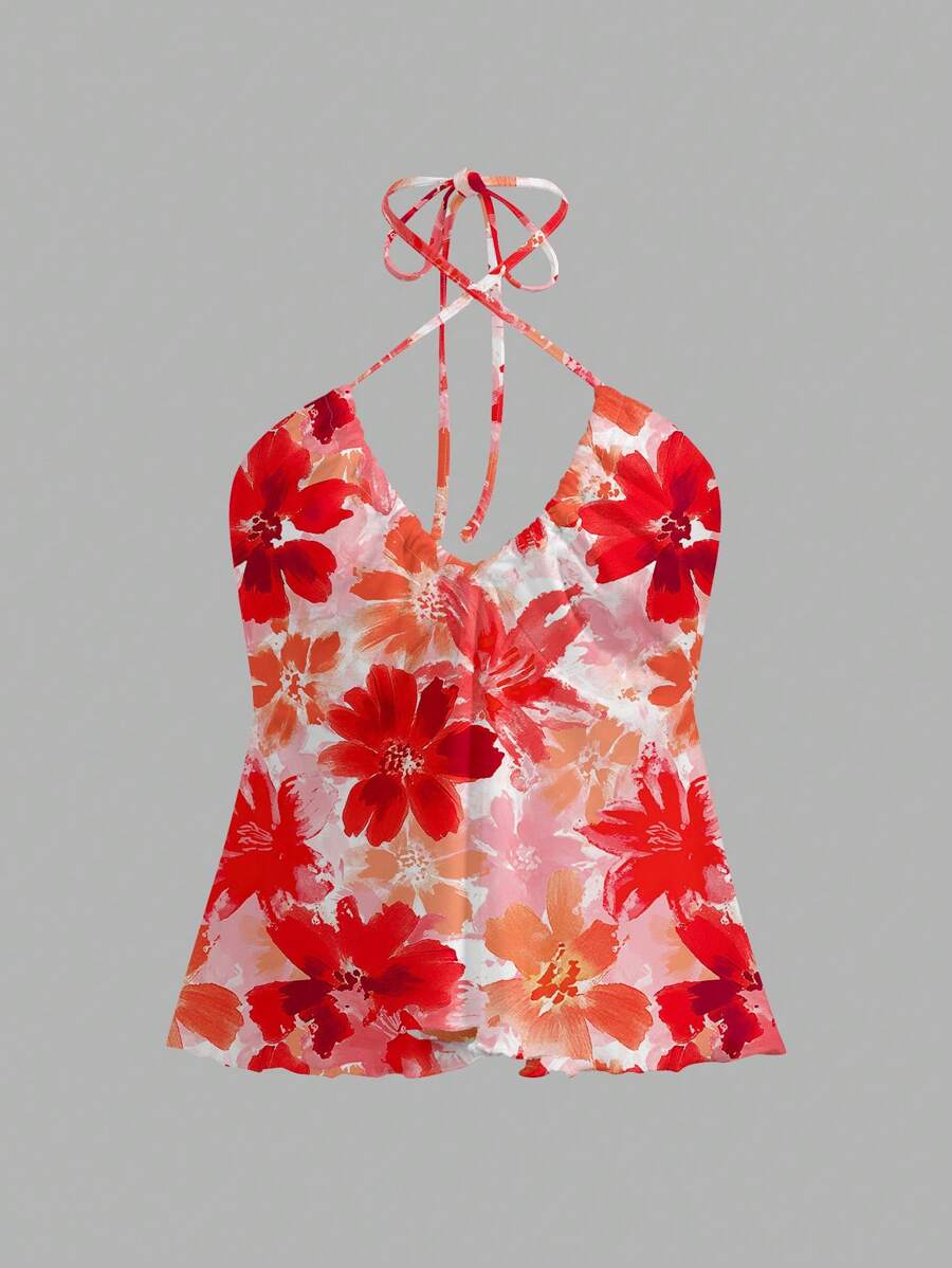 SHEIN EZwear Women's White Floral Summer Boho Vacation Holiday Ruched Bust Drawstring Backless Halter Bodycon Camisole Tank Top,Beach Music Festival Casual Top - Multicolor - View 1