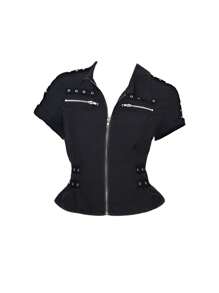 ROMWE Goth Preppy Style Eyelets Design Zip-Up Fitted Women Blouse - Black - View 1