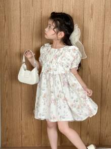 SHEIN Young Girl Sweet Cute Floral Print Ruffle Hem Casual Dress