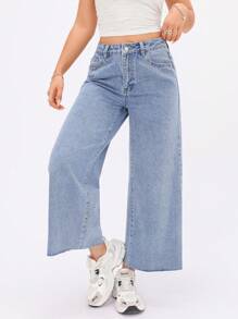 SHEIN PETITE 女式口袋阔腿宽松休闲百搭牛仔裤 - 淺色水洗藍 - 查看 5