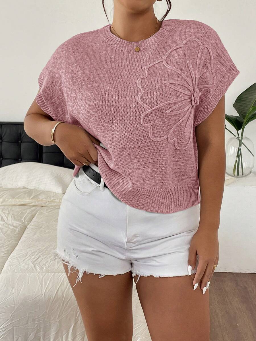 SHEIN Frenchy Plus Size Casual Elegant 3D Flower Decor Round Neck Batwing Sleeve Loose Knit Sweater - Coral Pink - View 1