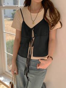 DAZY 女式纯色修身系带蝴蝶结无袖休闲夏季背心 - 黑色 - 查看 4