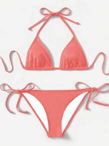 SHEIN Swim 2pcs/Set Women Summer Beach Solid Color Halter Tie-Up Sexy Bikini Swimsuit - Rose Red - View 1