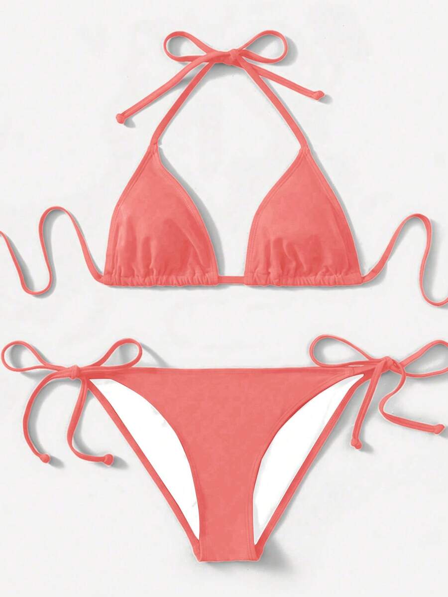 SHEIN Swim 2pcs/Set Women Summer Beach Solid Color Halter Tie-Up Sexy Bikini Swimsuit - Rose Red - View 1