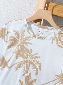 SHEIN Leap Crew 2pcs Tween Boys' Palm Tree Graphic Crew Neck Short Sleeve T-Shirt & Shorts Set, Casual Vacation & School Basics, Summer