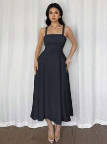 Firerie Váy dài vừa phải dáng chữ A, mùa hè, vải voan xếp nếp màu vàng, thiết kế tối giản thanh lịch dành cho nữ đi biển - Màu xanh hải quân - Xem 7