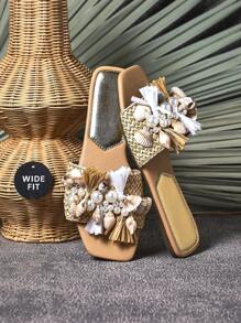 SHUZIA Angesagteste Damen Frühling Sommer Quadratische Zehenkappe Seeschnecken Perlen Dekor Strand Urlaub Sandale Naturfarbe Breite Füße