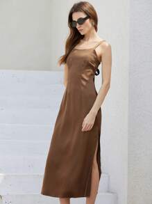 Aveloria Modichic New Elegant French Style Women's Charming High-End Sense Simple Loose Fit Square Neck Cinched Cinched Waist Backbow Tie-Up Satin Slip Long Dress
