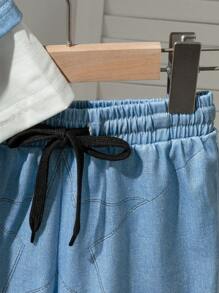2pcs/Set Young Boys Summer Short Sleeve Top And Shorts Set, Denim Effect Casual Outfit - Blue - View 5