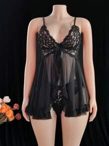 Seduluxe Contrast Lace Mesh Babydoll Sexy Lingerie Dress With Thong - Black - View 7