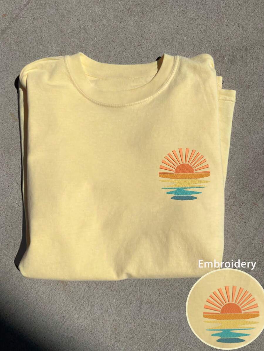 INAWLY 夏季休闲T恤，太阳刺绣图案T恤，女士圆领刺绣T恤 - 黃色 - 查看 1