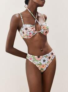 Maija Women's Casual Multicolor Floral Print Fabric Bikini Set With Spaghetti Strap And Tie Back Details - Multicolor - View 1