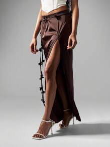 MISSGUIDED Silky Chocolate Wrap Maxi Skirt With Side Bow Appliques Evening Party Wedding Guest Fall Winter Occasion Bridesmaid - Brown - View 6