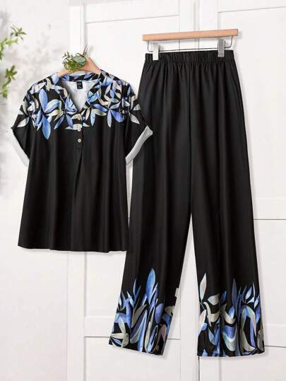 EMERY ROSE 2 件大码女士套装，简约衬衫和裤子，适合夏季