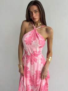 Aloruh Abito da spiaggia vacanza con stampa floreale rosa, elegante e romantico abbigliamento estivo da spiaggia - Rosa Baby - Visualizzare 6