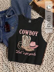 Tseoso 复古“Let's Go Girls”休闲西部牛仔图案圆领修身棉质无袖背心，适合夏季