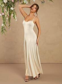 L'Amorae 优雅飘逸细肩带无袖长裙，婚礼宾客礼服，女士夏季服装 - 白色 - 查看 6