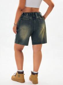 SHEIN ICON Plus Size Women's Vintage Washed Mid-Blue American Style Tie-Up Bermuda Denim Shorts  Summer Outfits For Women Festival Outfits Cowboy Outfits For Women Bermude Shorts