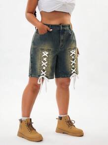 SHEIN ICON Plus Size Women's Vintage Washed Mid-Blue American Style Tie-Up Bermuda Denim Shorts  Summer Outfits For Women Festival Outfits Cowboy Outfits For Women Bermude Shorts