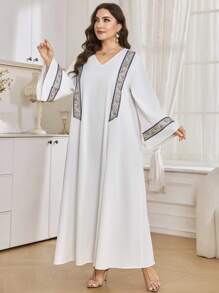 Al Najma Women's V-Neck Flare Sleeve Embroidered Lace Patchwork Loose Comfortable Elegant Plus Size Turkish & Arabian Dress, Modest Kaftan