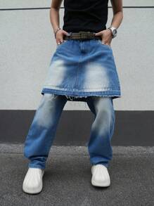 Manfinity EMRG Men's Light Wash Denim Kilt Jeans: Unique Layered Design With Zipper Detail And Long Length - Light Wash - View 4