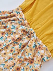 SHEIN LUNE 大码优雅花卉印花拼布连衣裙 - 黃色 - 查看 5