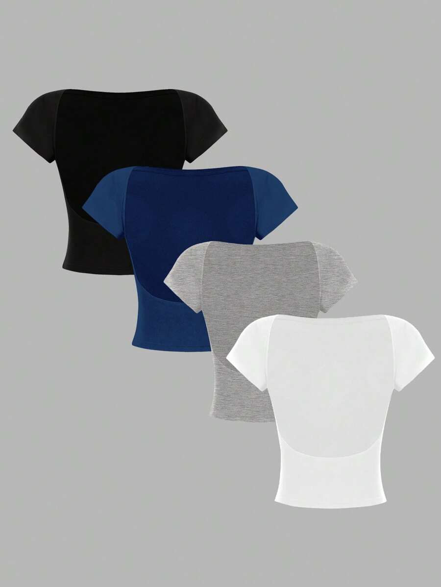 SHEIN Essnce 4 piezas de camisetas de mujer de cuello redondo, ajustadas, con espalda calada, de estilo casual y liso, versátiles para el verano
