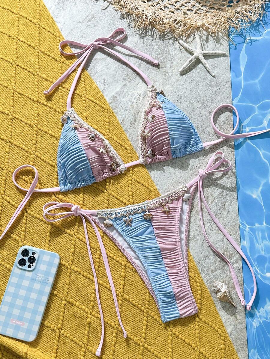 SHEIN Swim 2pcs/Set Textured Color Blocking Shell Tape Decor Halter Crop Top And Tie Front Shorts Beach Vacation Bikini Set For Summer - Multicolor - View 1
