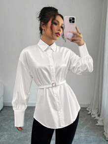 SHEIN Tall Tall Elegant Satin Metal Buckle Leather Belt, Long Sleeve Women Shirt Suitable For Party, Office, Christmas, Spring/Summer - White - View 3