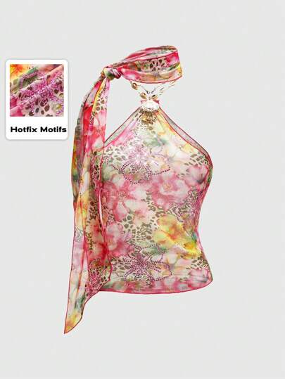 J-Fashion Top de tirantes con estampado de leopardo transparente, decoración de flores y conchas, ideal para vacaciones con vibras de playa Y2K para mujeres