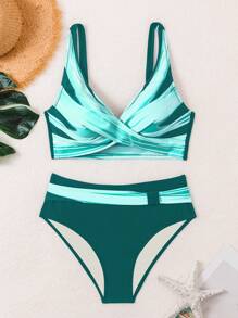 Swim Lushoire Women's Colorblock Criss-Cross Sexy Bikini Set, Summer Beach Swimsuit - Multicolor - View 3