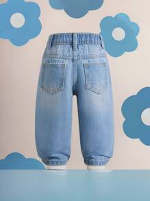 Celana Jeans Denim Medium Wash untuk Bayi Perempuan dengan Motif Grafiti yang Lucu dan Panjang - Medium Wash - View 2