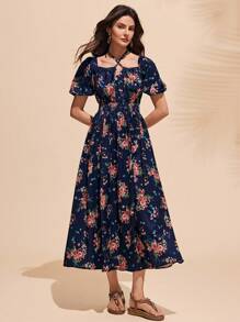 SHEIN Unity فستان أنيق طويل للنساء ذو رقبة مربعة مربوطة - الأزرق - مشاهدة 3