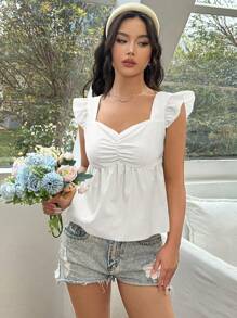 SHEIN Unity Solid Color Textured Shirt With Chest Ruching & Sweetheart Neckline Peplum Top - White - View 6