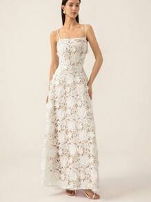 Aveloria Rosie Elevated Casual Elegant Romantic Heavily-Embellished Hollow-Out 3D Floral Waist-Cinched Maxi Slip Dress   Old Money Style For Summer Spring Fall Autumn - White - View 4