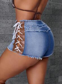 SHEIN SXY Short de mezclilla talla grande para mujer, de verano, sexy, lavado, con rotos, de cintura alta, con tirantes cruzados en los lados - Azul - Ver 2