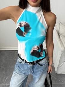 SHEIN EZwear ملابس علوية حريمي ذات ياقة مرتفعة وظهر مكشوف، وألوان متباينة، صيفي