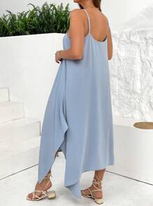 SHEIN Essnce Plus Size Women's Spring And Summer Fashion Elegant Comfortable Loose Vacation Asymmetrical Hem Blue Sling Mid-Length Dress,Sun Dresses For Women,Beach Outfits For Woman,Flowy Dress,Cruise Outfits Women,European Summer,Ibiza Outfits