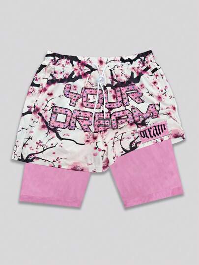 Street Life Pantalones cortos con estampado de flor de cerezo y letras para mujer, minimalistas y de moda, adecuados para el verano