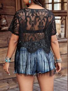 Breezaya Blusa de manga corta de encaje transparente con flecos y calados, estilo bohemio informal de vacaciones para mujer de talla grande