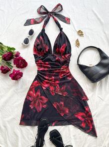 Soleia 性感复古渐变色露背 V 领系带网眼褶皱不对称下摆浪漫假日迷你连衣裙